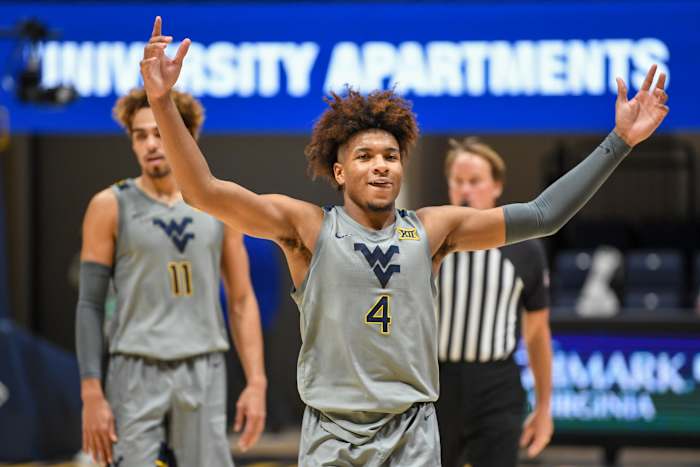 West Virginia guard Miles "Deuce" McBride (4) had a career-high 29 points in the win over No. 23 Kansas.